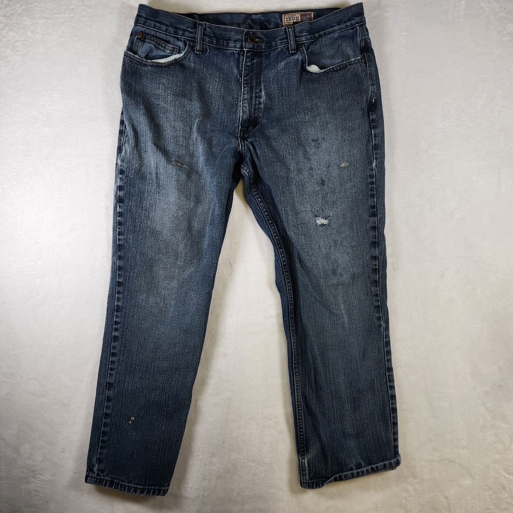 IZOD Classic Jeans Men's 38x29 Blue Distressed Thrashed Denim Workwear‎ Y2K